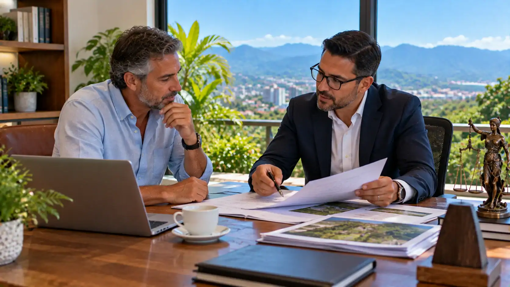 A businessman and lawyer discussing company property ownership in an office