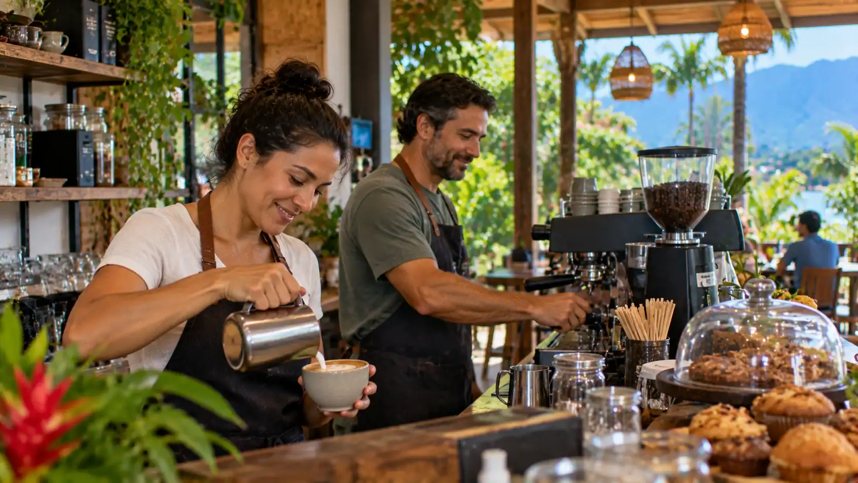 A café owner and employee working behind the counter of a small Costa Rican coffee shop
