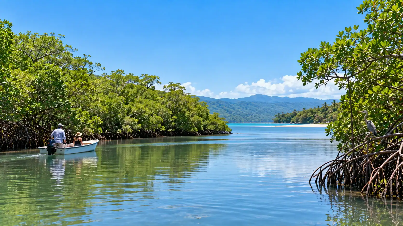 A calm coastal estuary with mangroves in Costa Rica