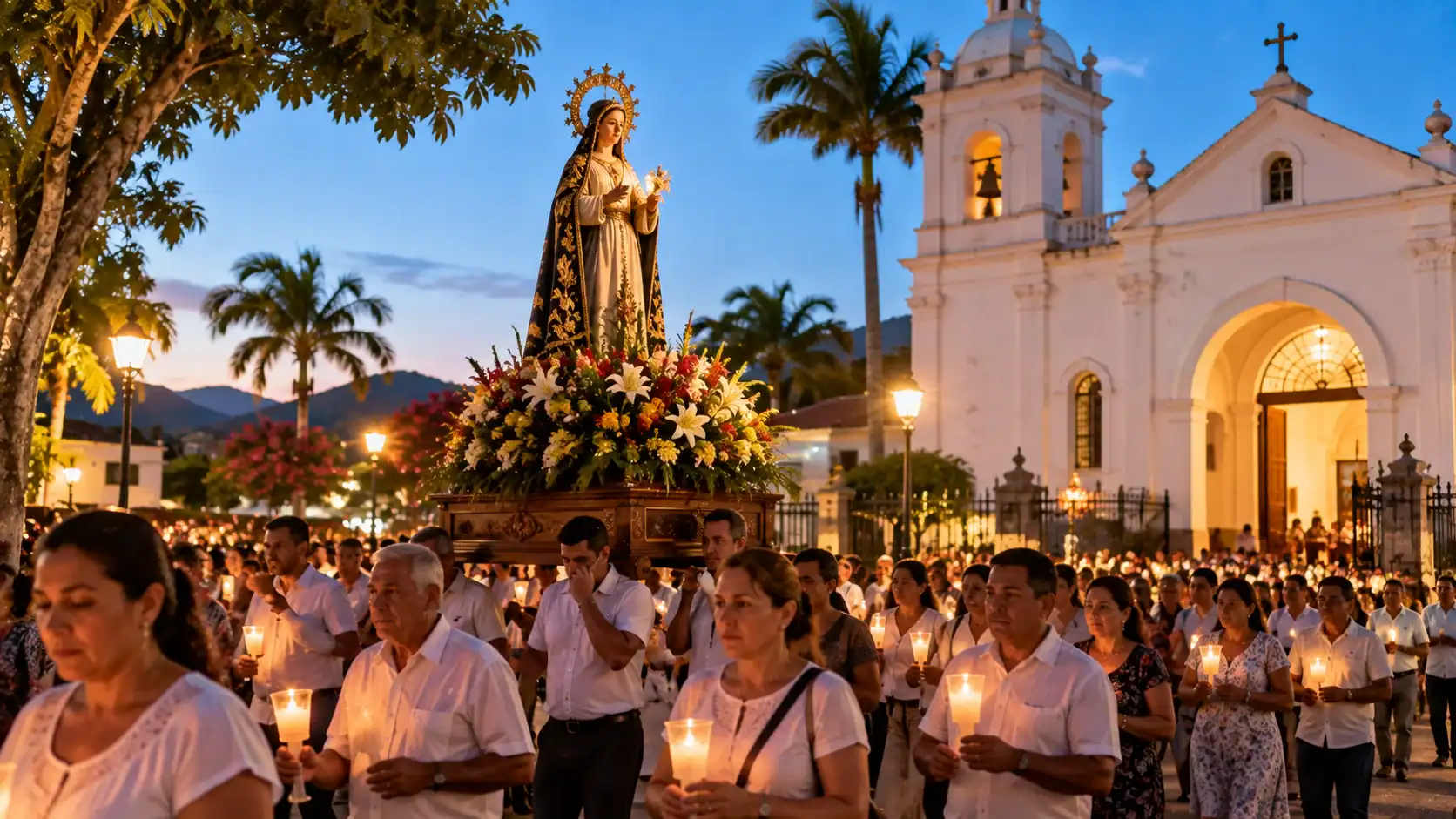 A candlelit procession outside a white church in a Costa Rican town