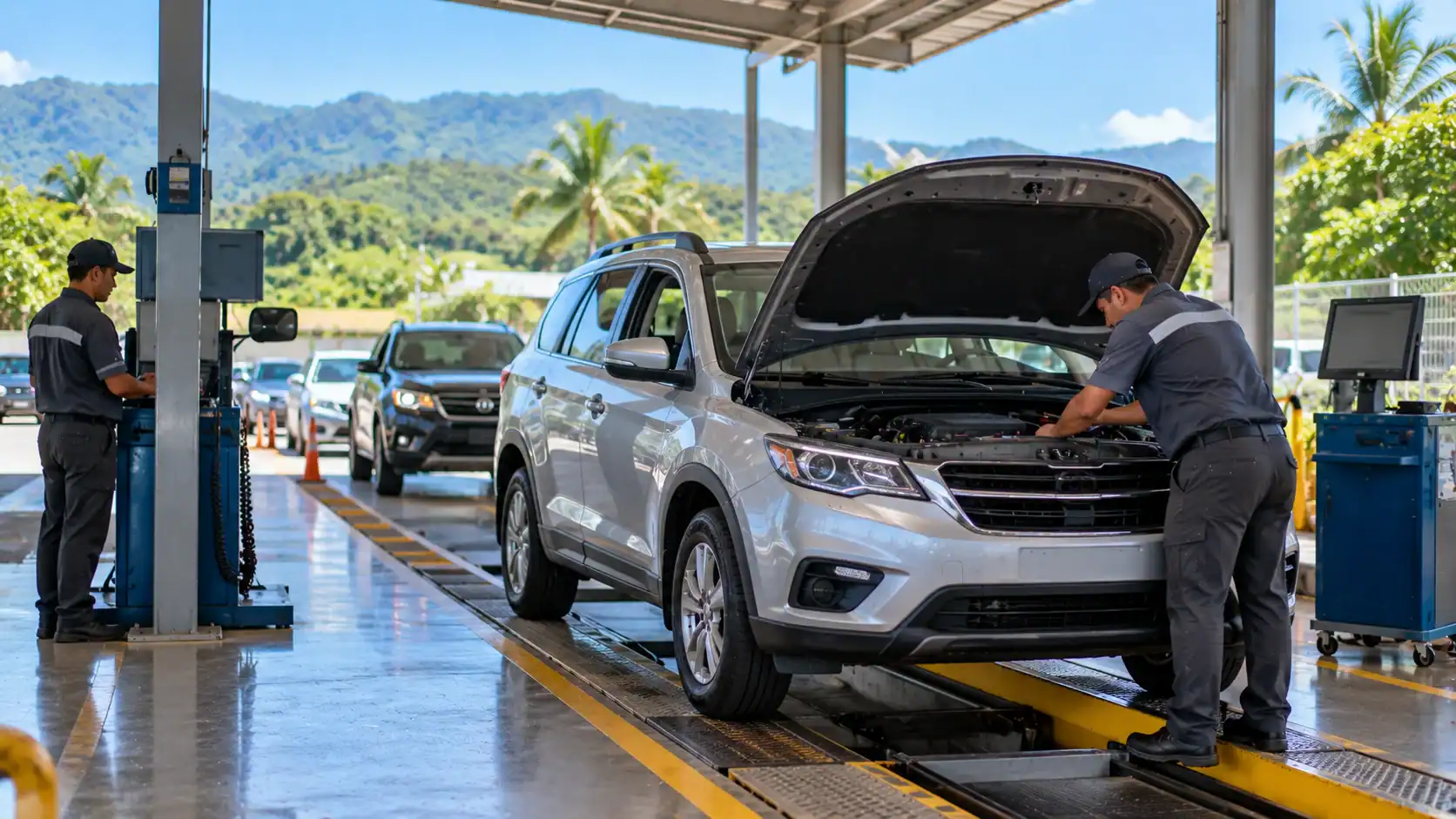A car being checked at a vehicle inspection station in Costa Rica