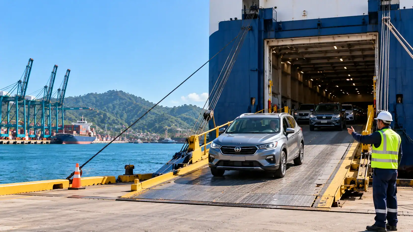 A car being driven off a roll-on roll-off ship at a Costa Rican port