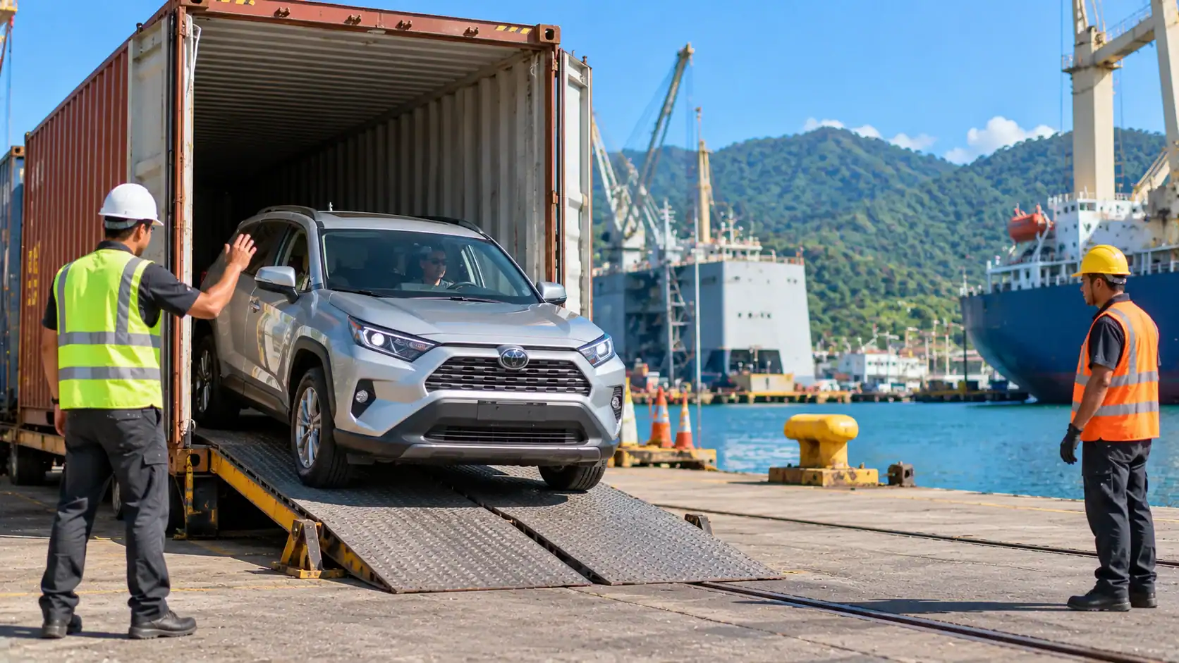 A car being unloaded from a shipping container at a Costa Rican port
