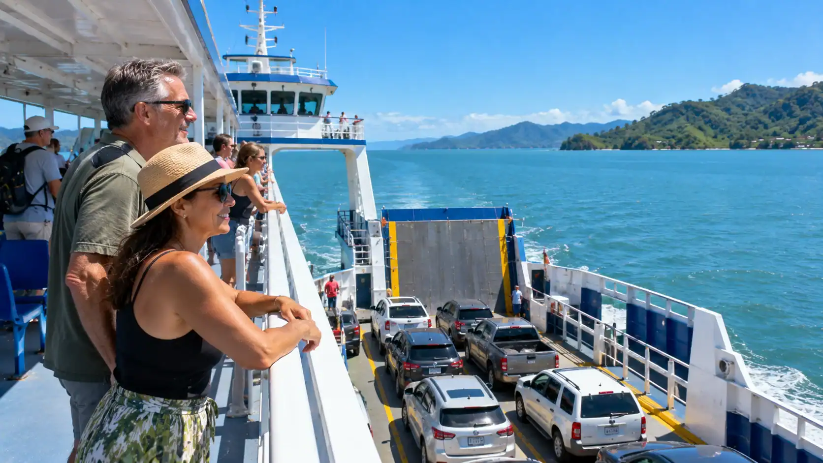 A car ferry crossing the Gulf of Nicoya with passengers on deck