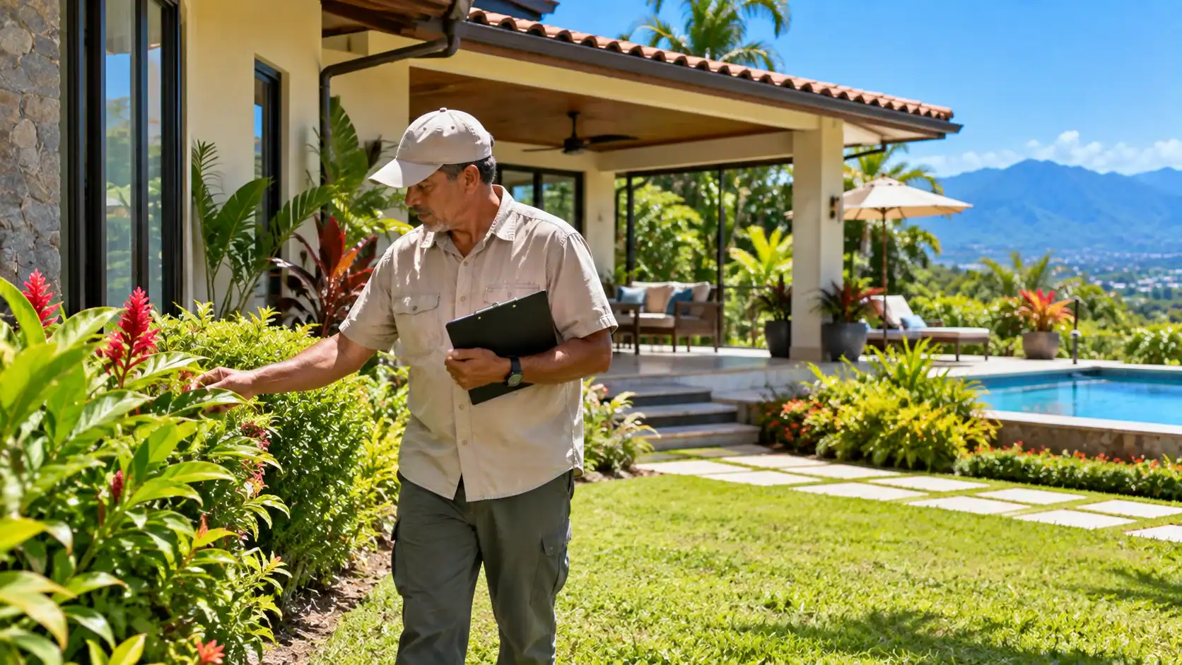 A caretaker checking a house and garden while the owners are away