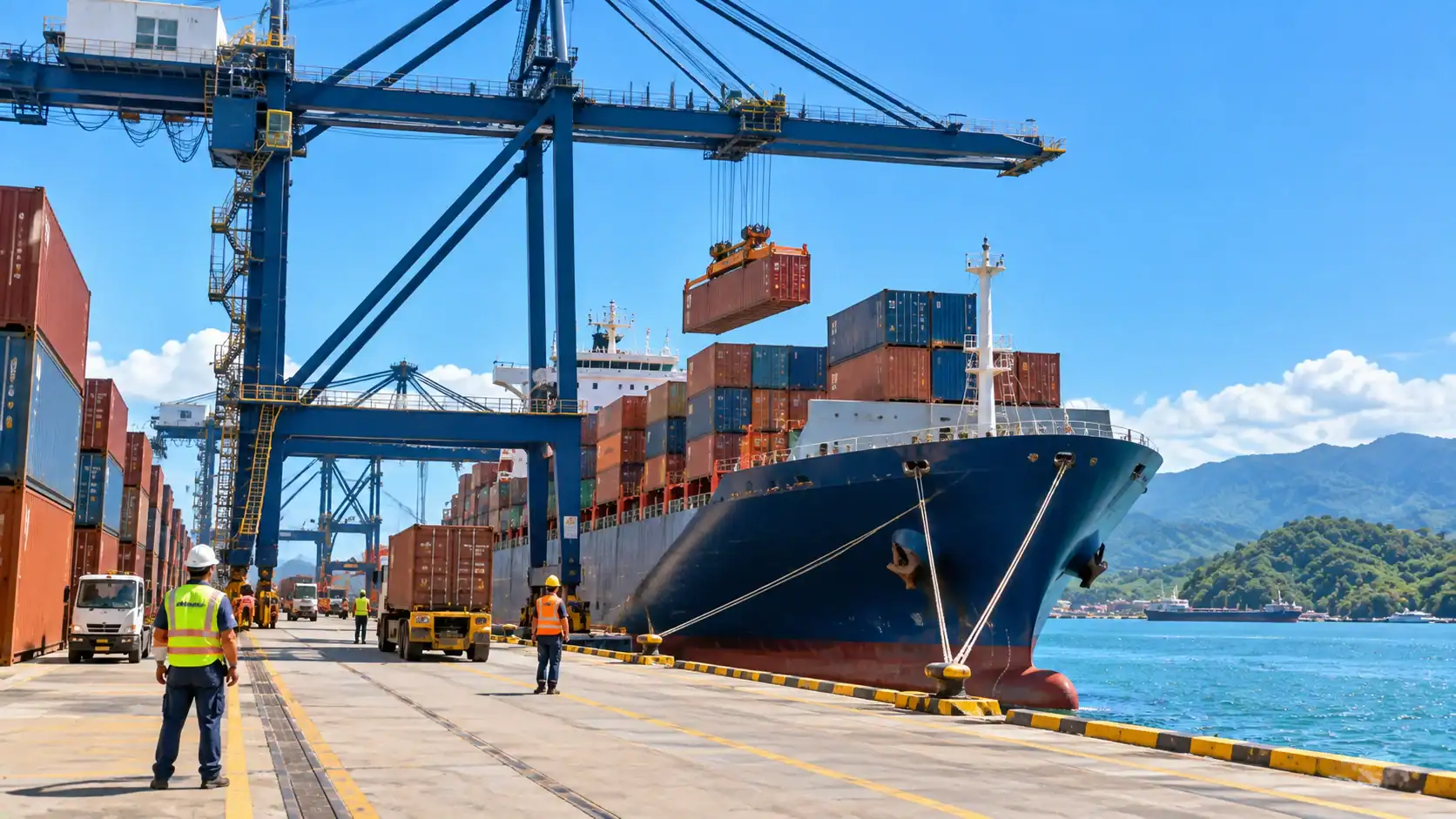 A cargo ship unloading containers at a Costa Rican port under blue sky