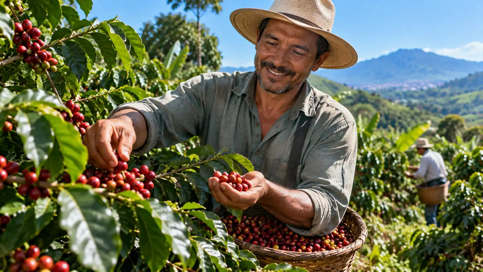 A coffee picker holding ripe red coffee cherries on a Costa Rican farm