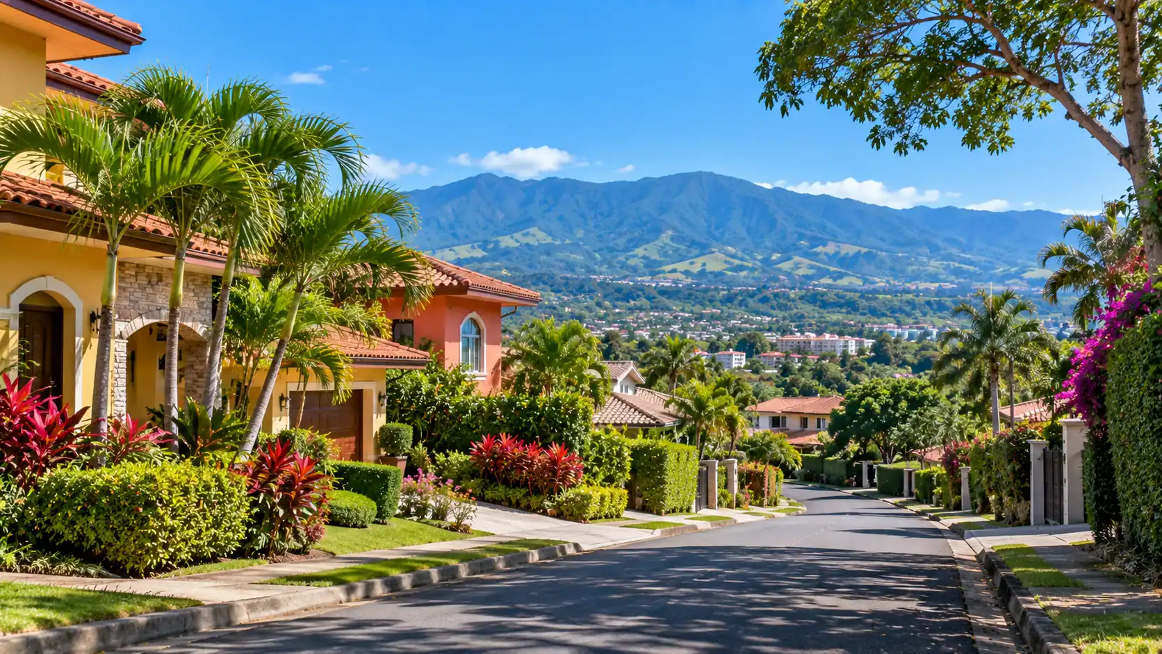 A colorful Central Valley neighborhood in Costa Rica with mountains behind