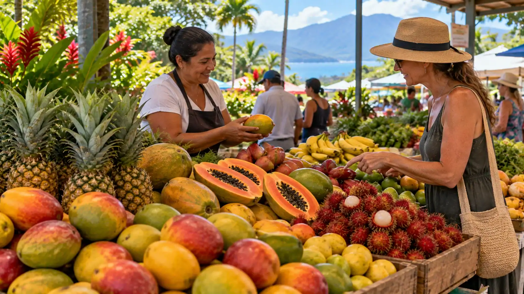 A colorful display of tropical fruits like mango, papaya, rambutan and pineapple at a Costa Rican market