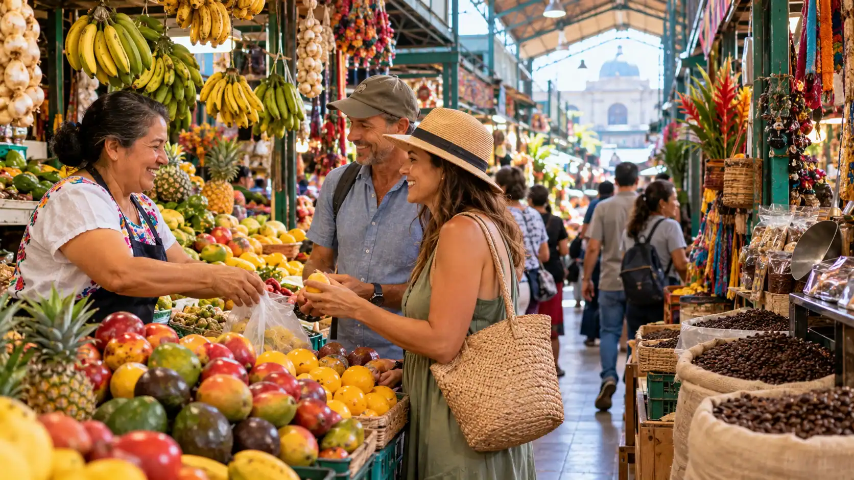 A colorful municipal market in San José with fruit and coffee stalls