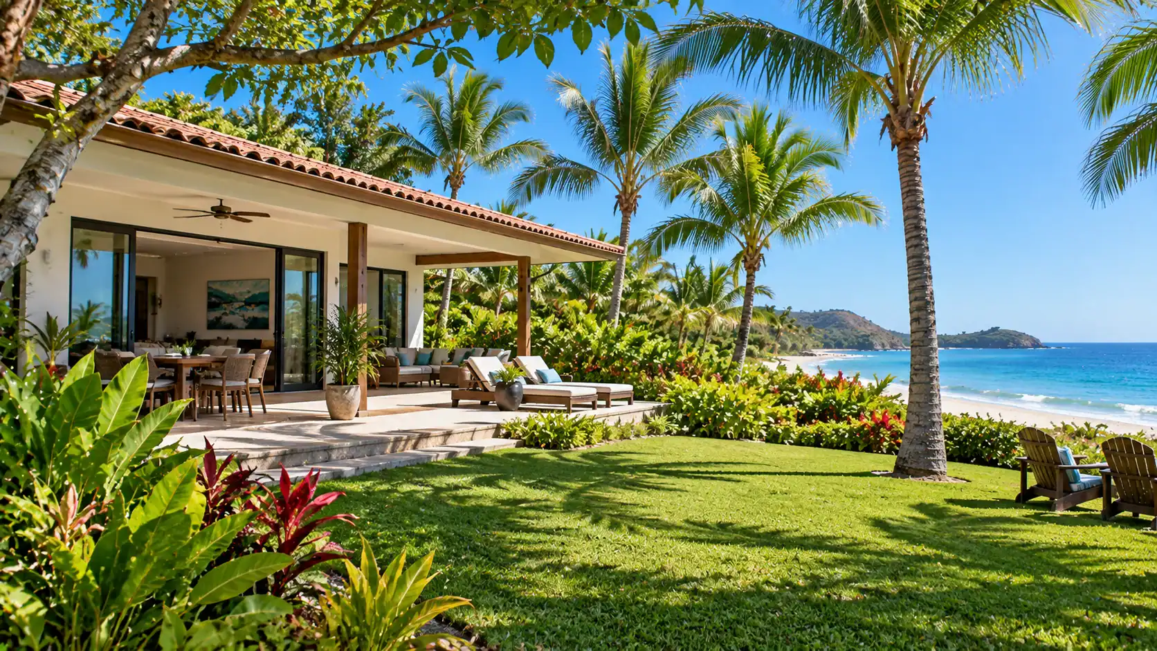 A company-owned beach house with a garden and palm trees in Guanacaste, Costa Rica