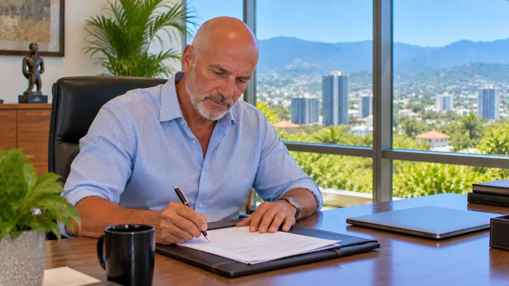 A company representative signing a letter at a desk in an office with city views