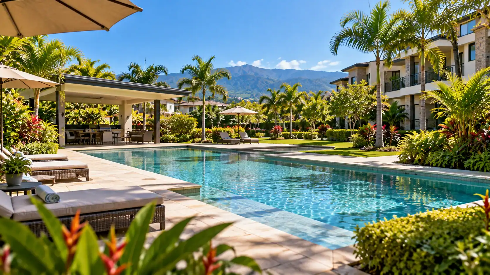 A condominium swimming pool and garden in a gated community in Costa Rica