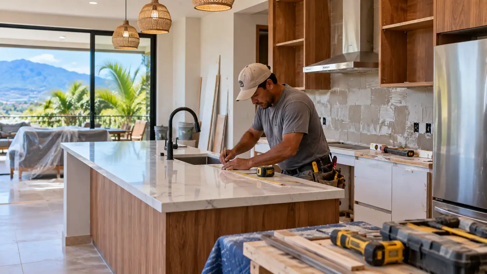 A contractor renovating a condo kitchen in Costa Rica