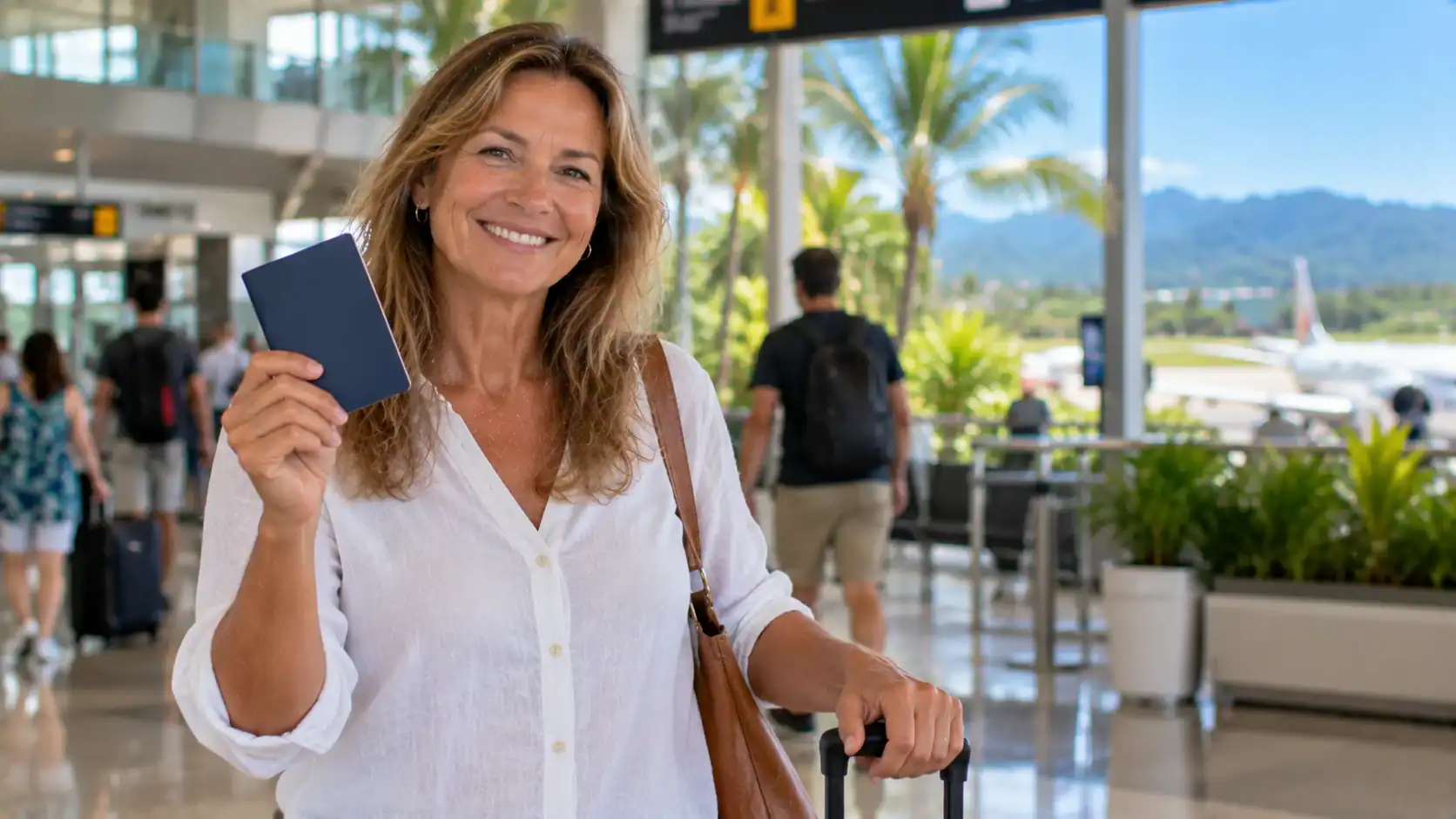 A Costa Rican citizen proudly holding a passport at an airport