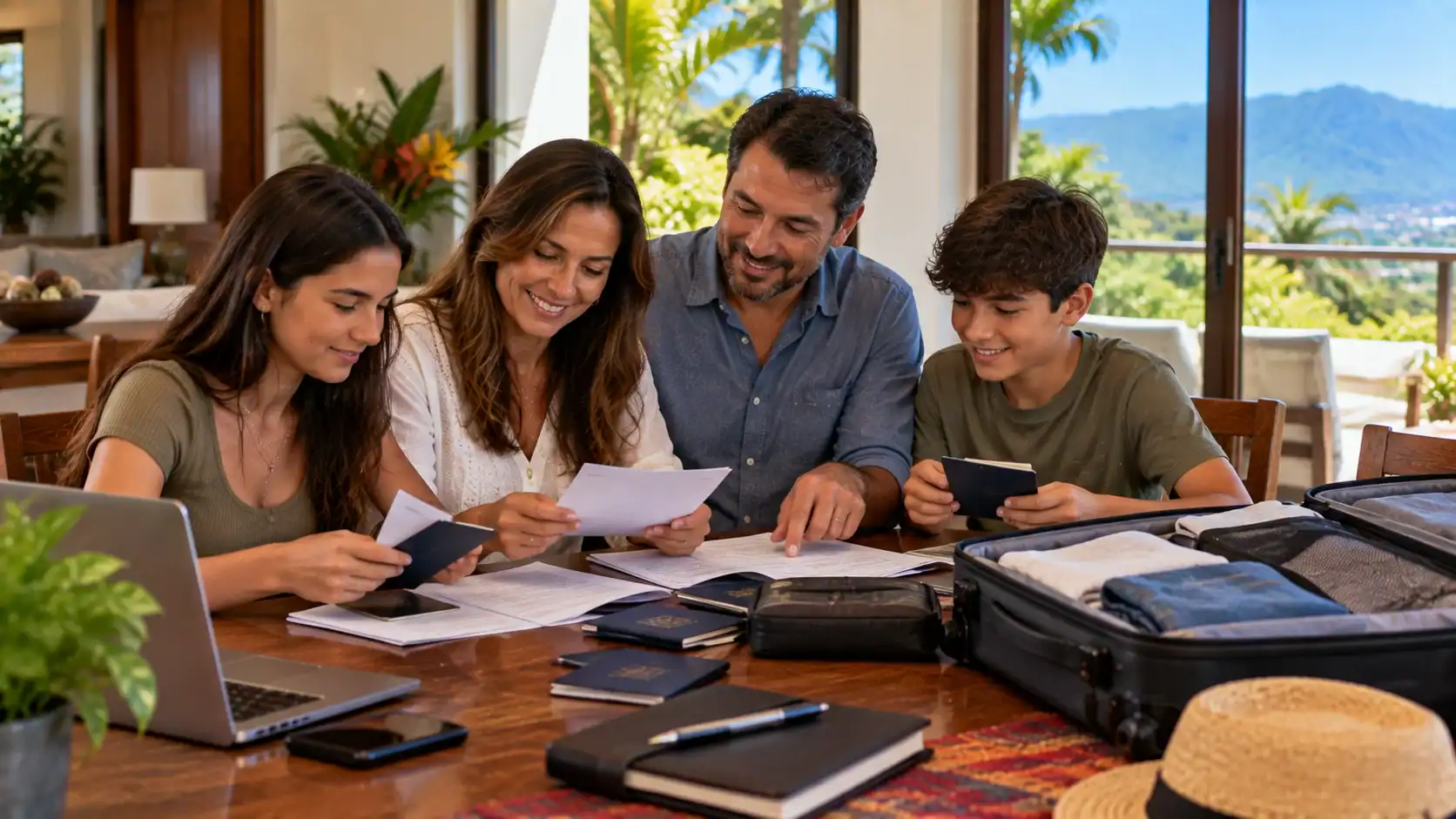 A Costa Rican family preparing travel documents for a move abroad