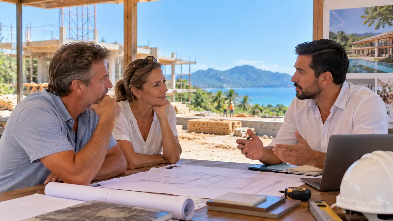 A couple asking questions to a developer at a pre-construction site office