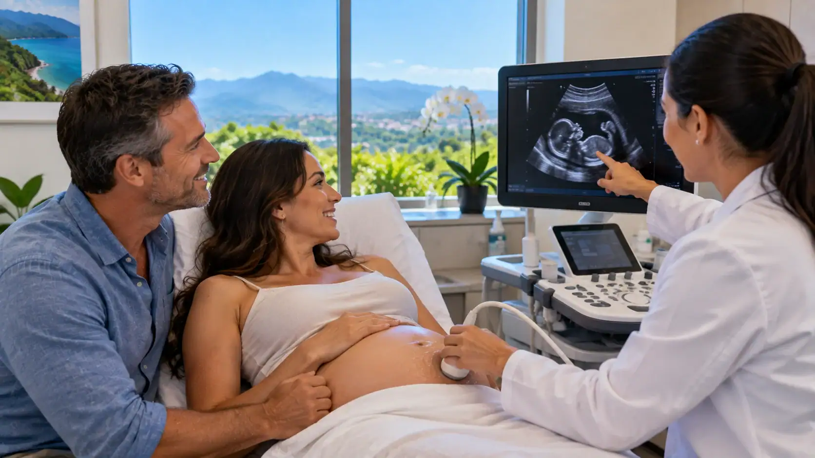 A couple at a prenatal check-up with an ultrasound in a clinic in Costa Rica