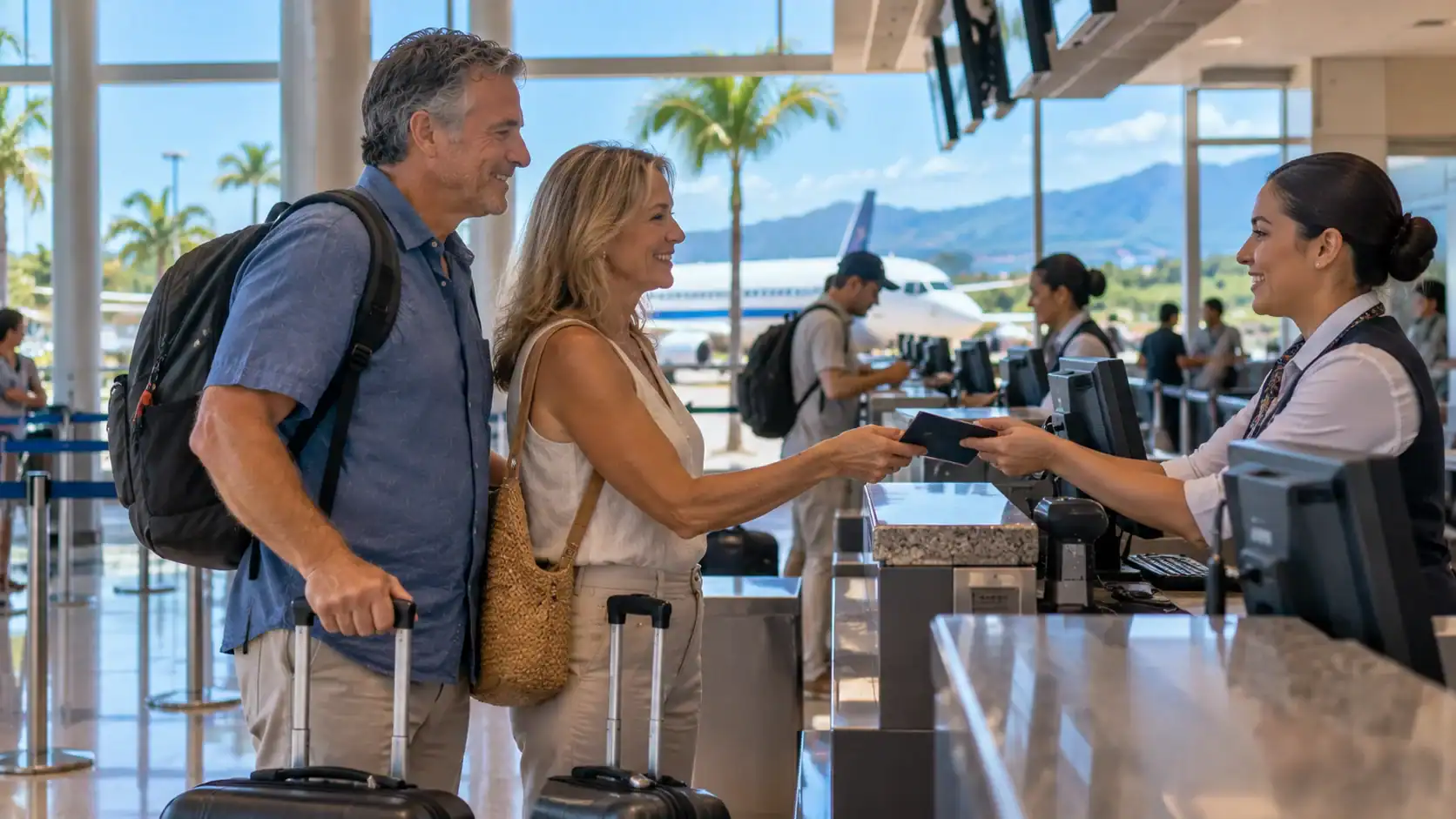A couple at an airport check-in counter in Costa Rica before departure