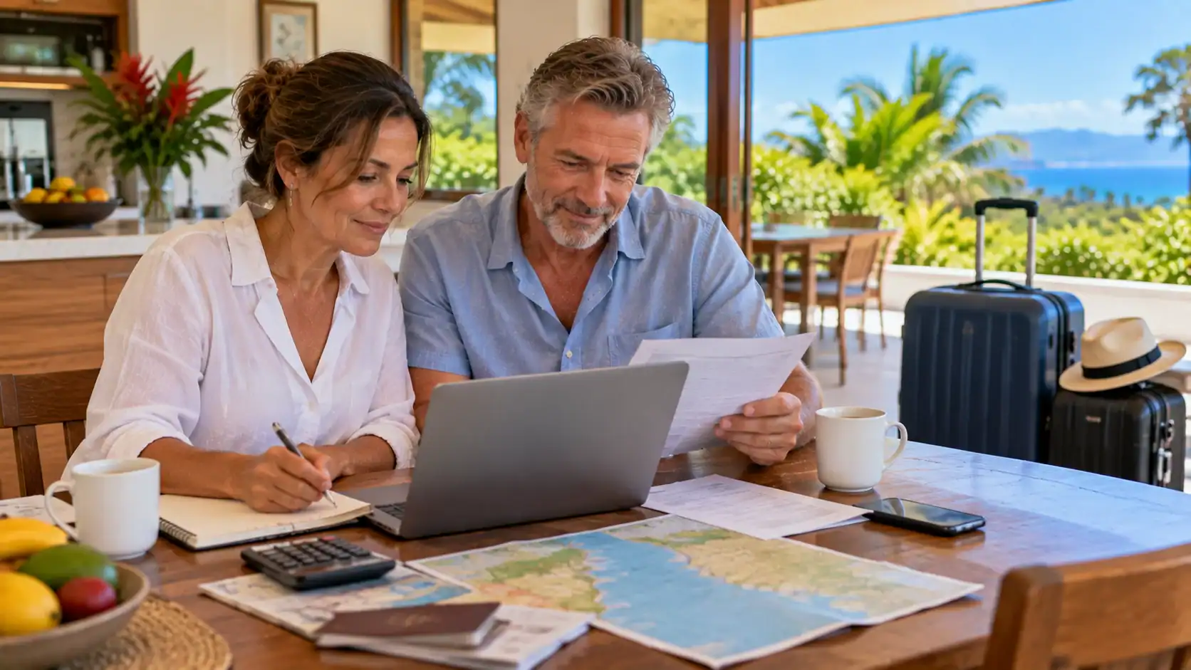 A couple budgeting for airfare and luggage fees at a kitchen table