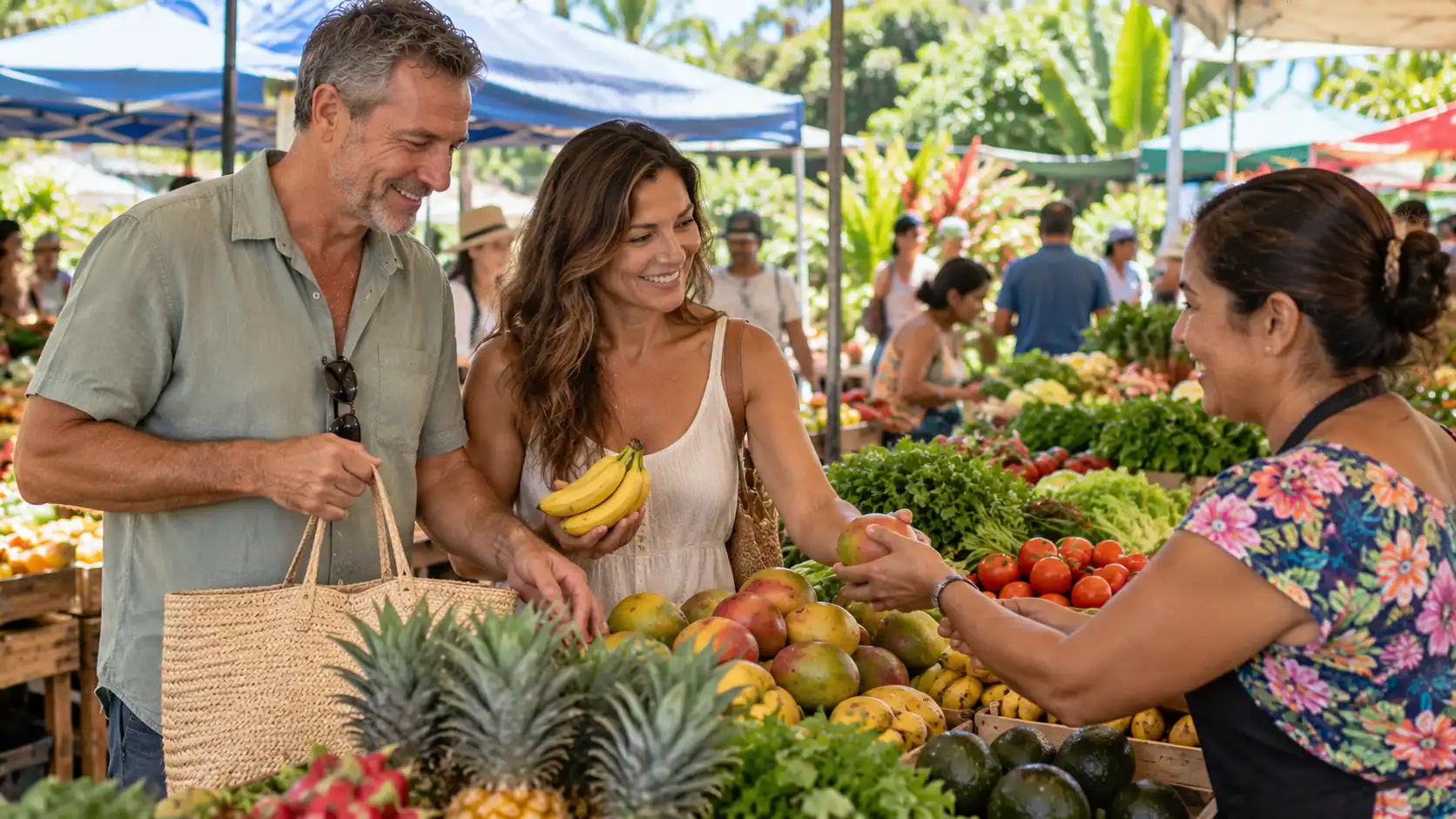 A couple buying fresh fruit and vegetables at a farmers market (feria) in Costa Rica