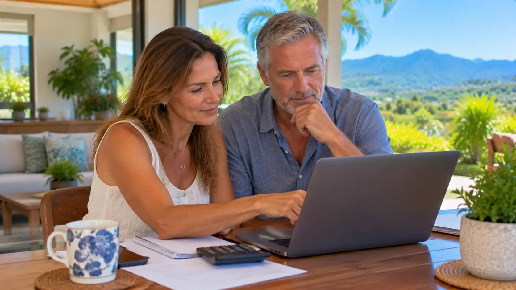 A couple calculating their Caja contribution on a laptop at home
