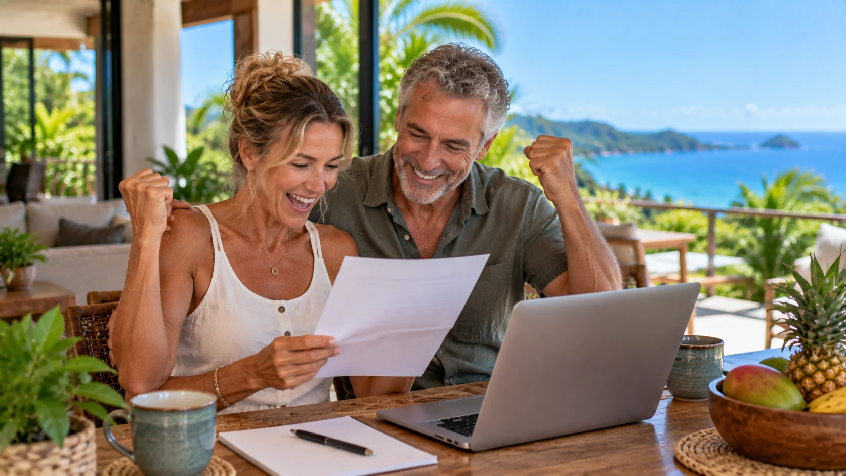 A couple celebrating good news while reading a letter at home in Costa Rica
