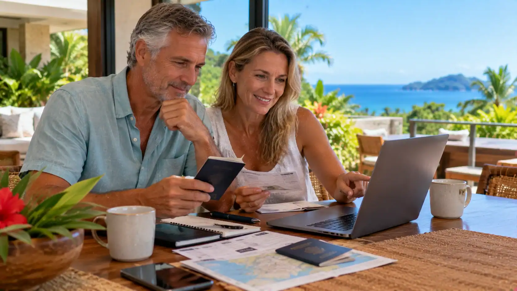 A couple checking flight dates and documents before booking at home