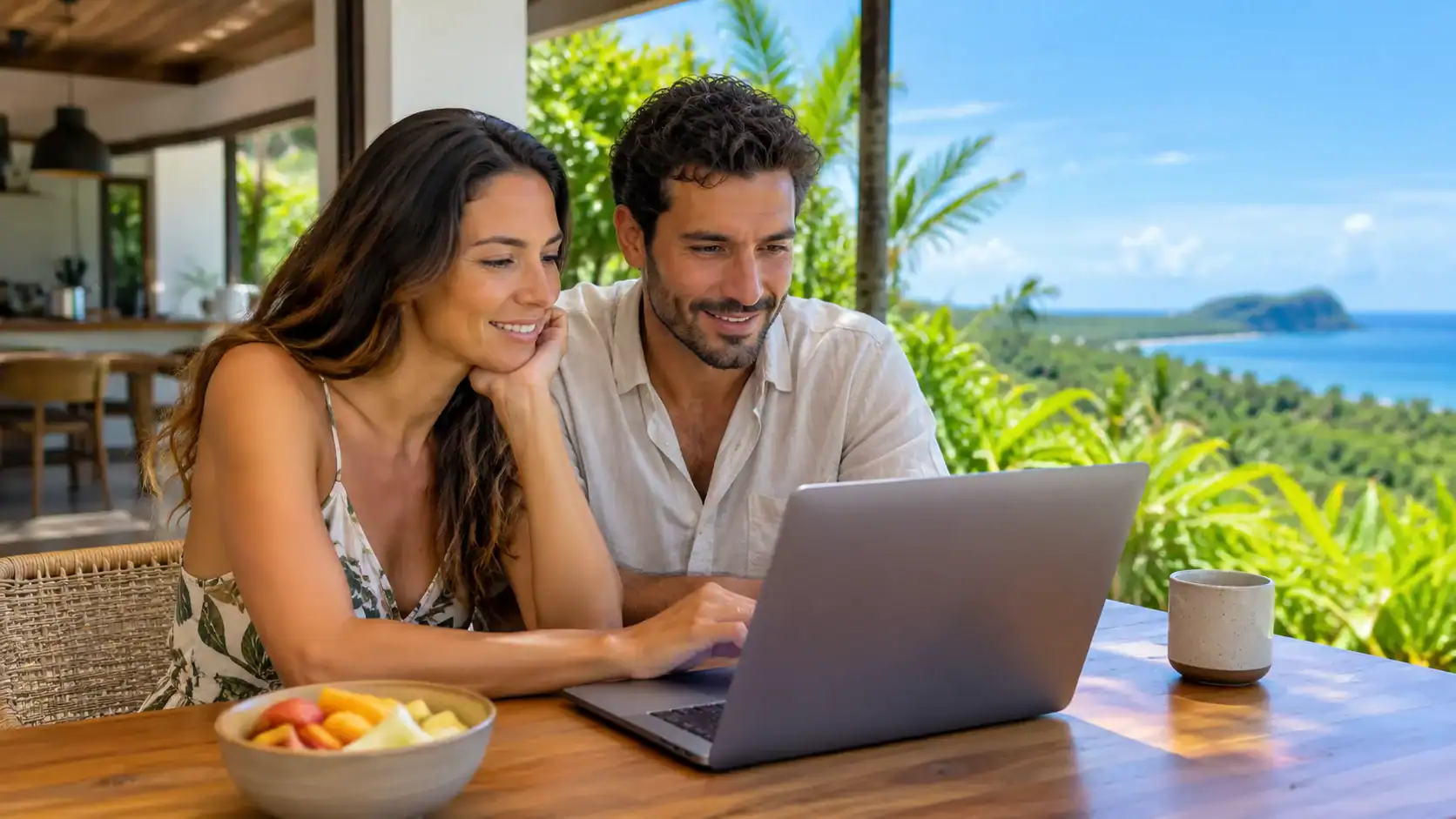 A couple comparing a rental apartment and a house for sale on a laptop in Costa Rica