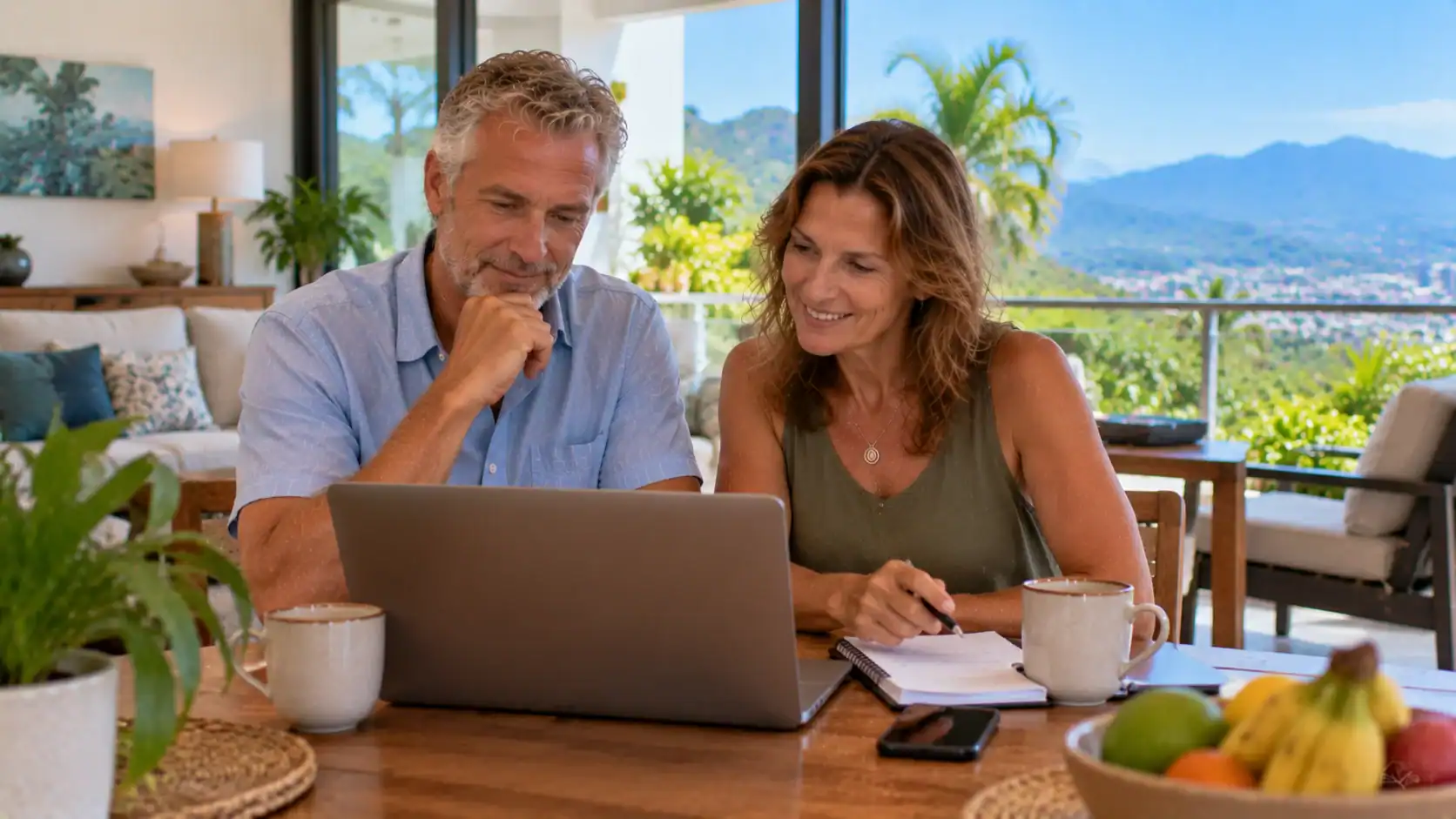 A vibrant Costa Rican landscape showcasing the serene beauty of the country while illustrating the cost of residency. In the foreground, include a diverse group of professionals in casual attire, examining pamphlets and discussing various living expenses, such as housing, healthcare, and transportation. In the middle ground, depict lush greenery and typical Costa Rican architecture, like colorful homes and small businesses. The background should feature distant mountains under a bright blue sky with scattered clouds. Use natural lighting to evoke warmth and optimism, highlighting the joyful atmosphere. Capture the scene with a slight tilt to give it a dynamic feel, showcasing the interaction between the individuals and their environment. A couple comparing monthly living expenses on a laptop in their Costa Rican apartment