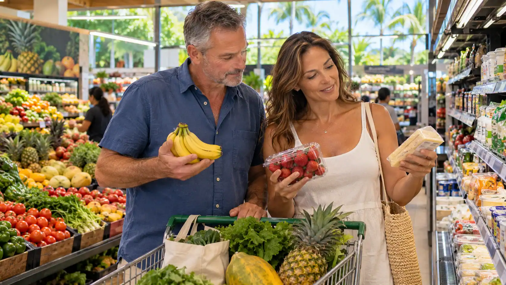 A couple comparing prices of local produce and imported goods at a Costa Rican supermarket