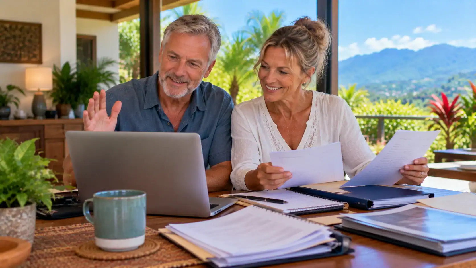A couple coordinating family documents on a video call