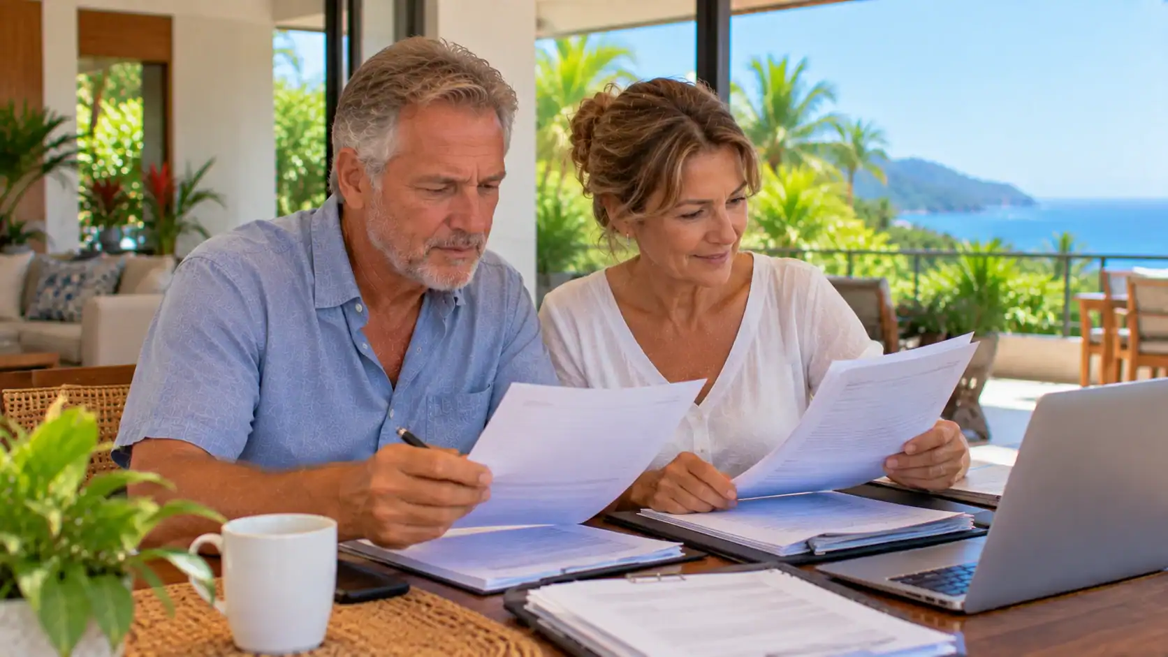 A couple double-checking their documents before sending them