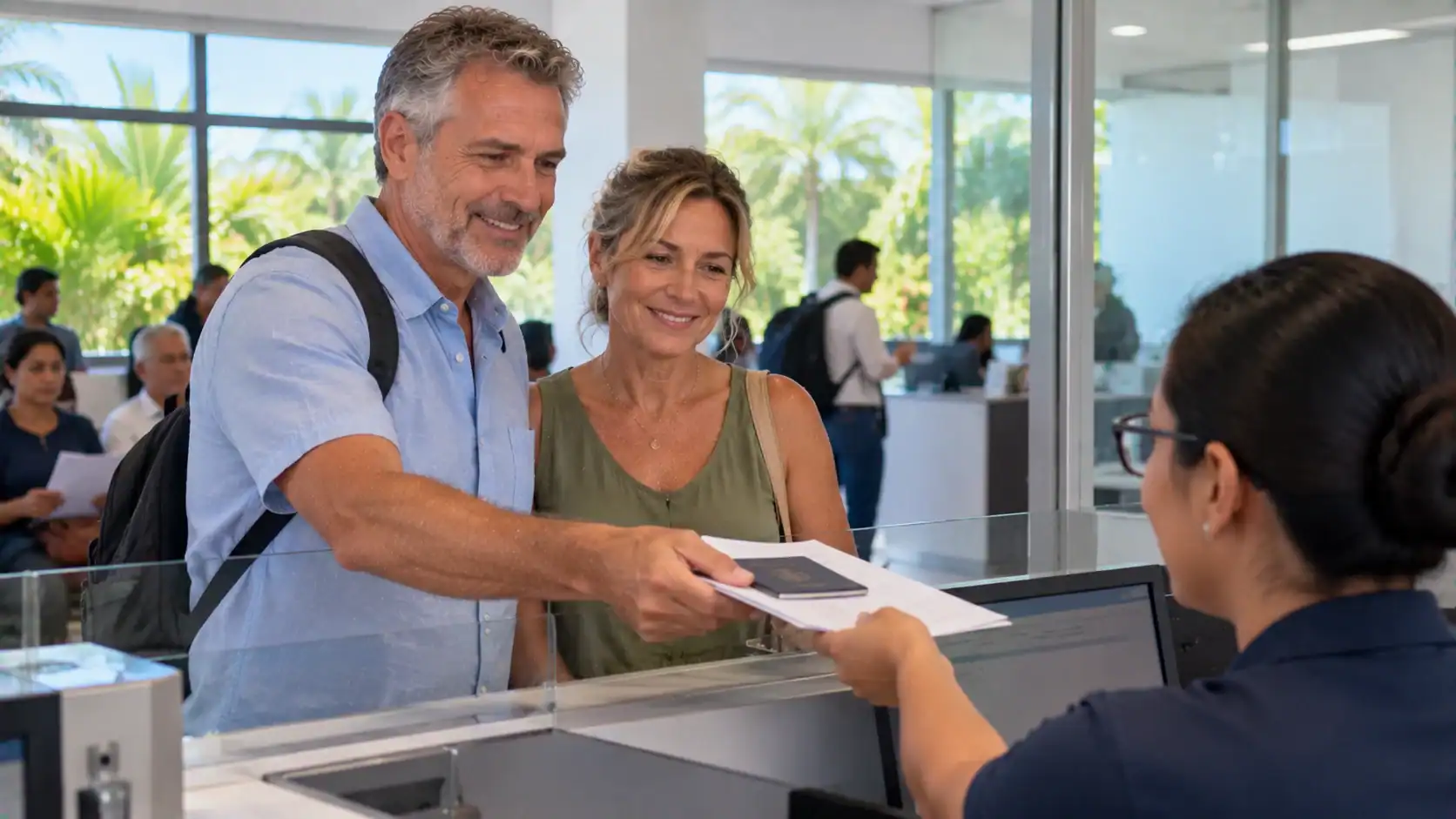 A couple handing documents over at a DIMEX renewal counter