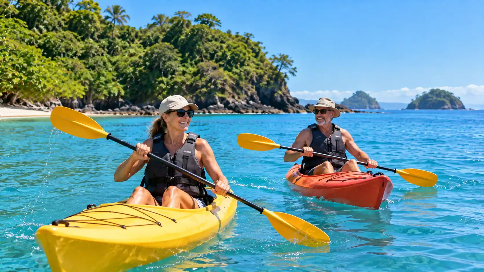 A couple kayaking in calm blue water along the Costa Rican coast