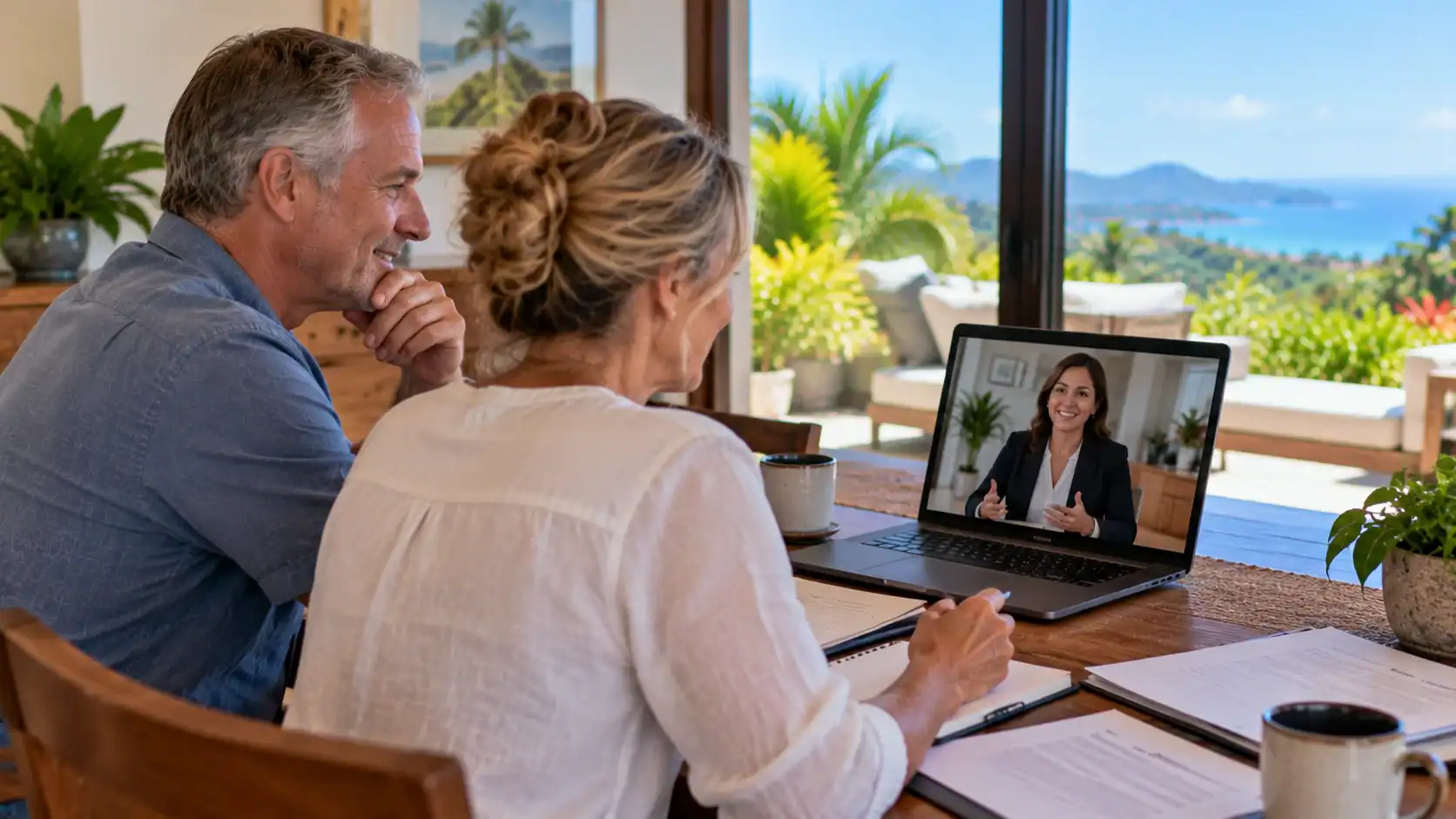 A couple on a video call with a residency adviser from their home abroad
