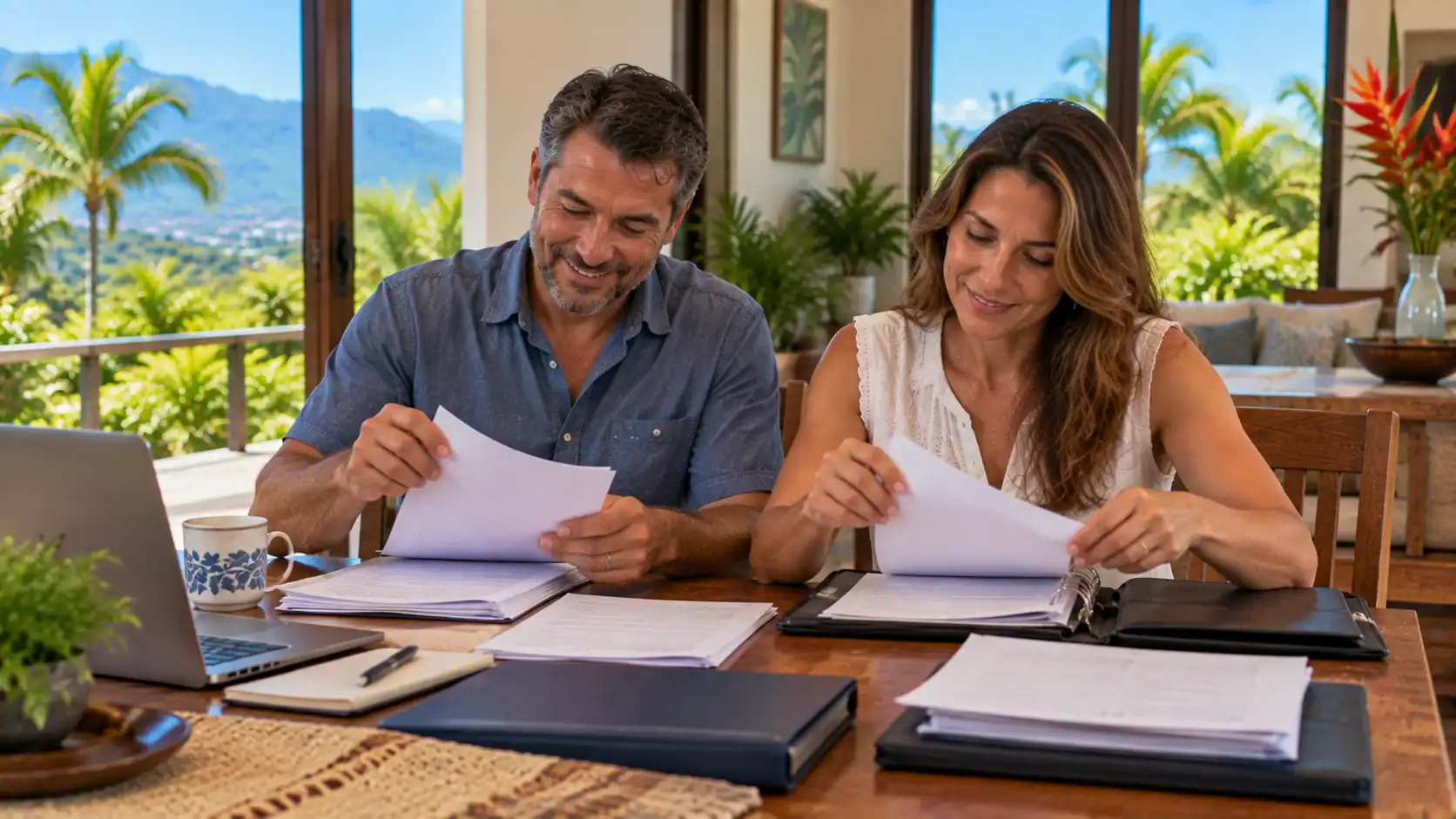 A couple organizing adoption documents into a folder at home