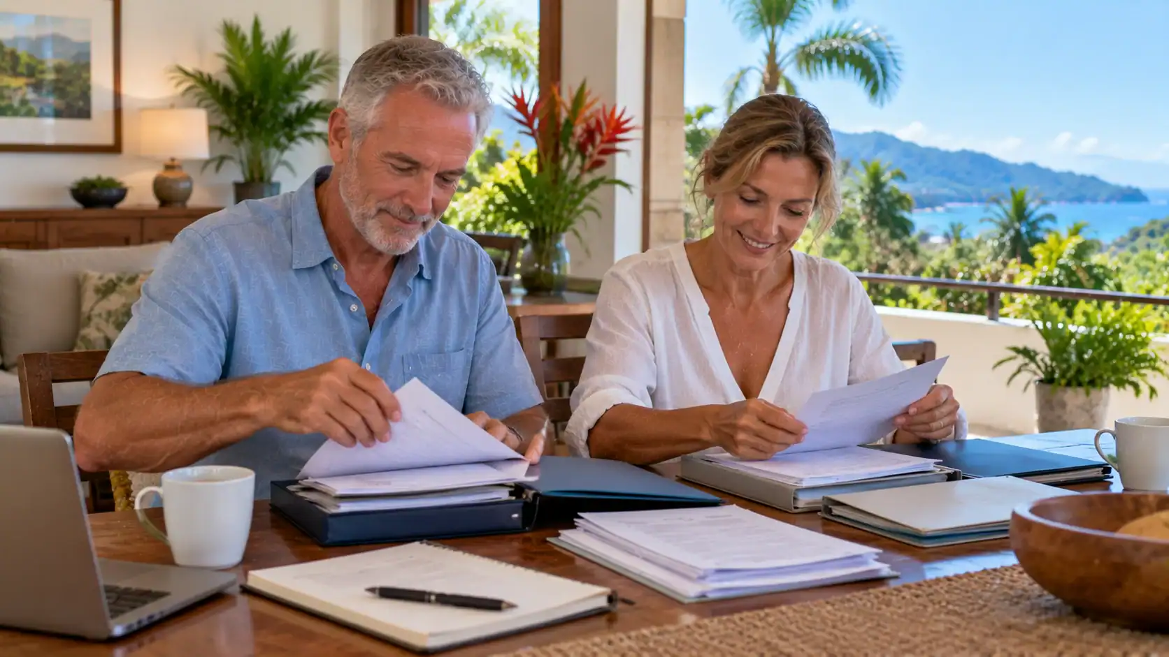A couple organizing residency documents into folders at home