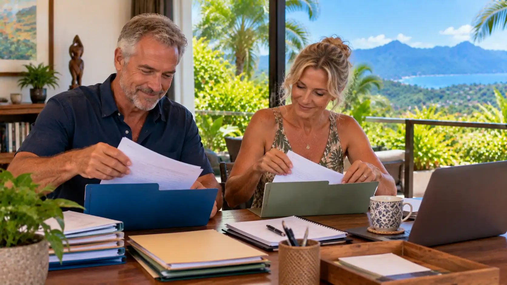 A couple organizing separate folders for renewals at a home office