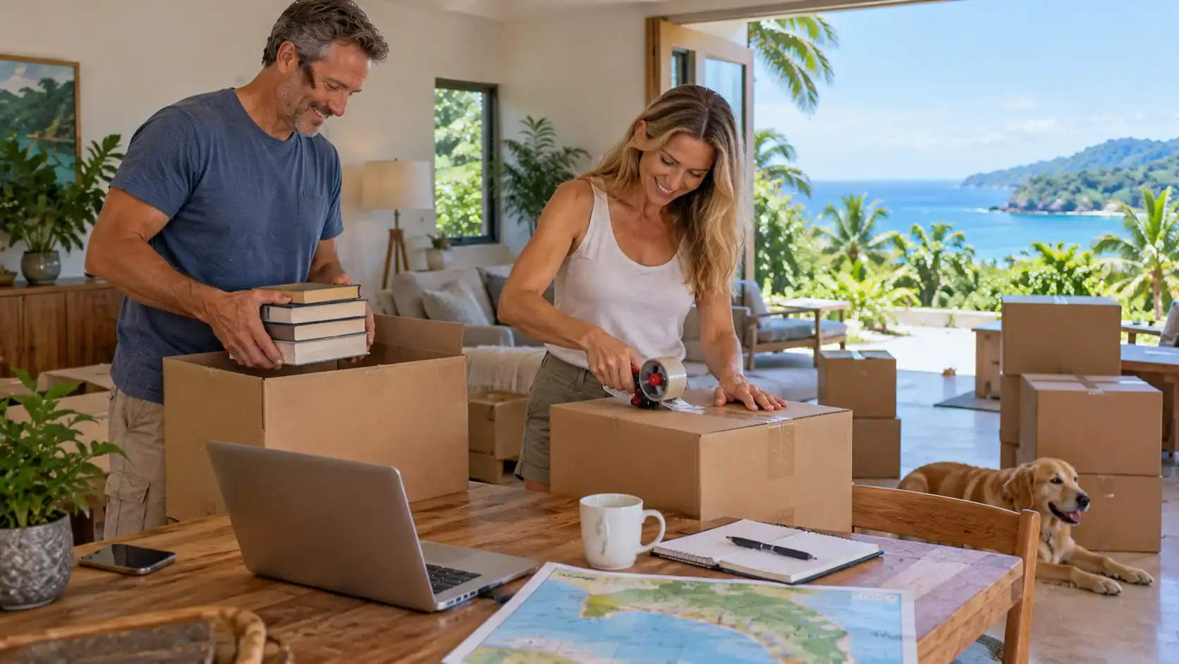 A couple packing moving boxes in a bright living room before moving to Costa Rica