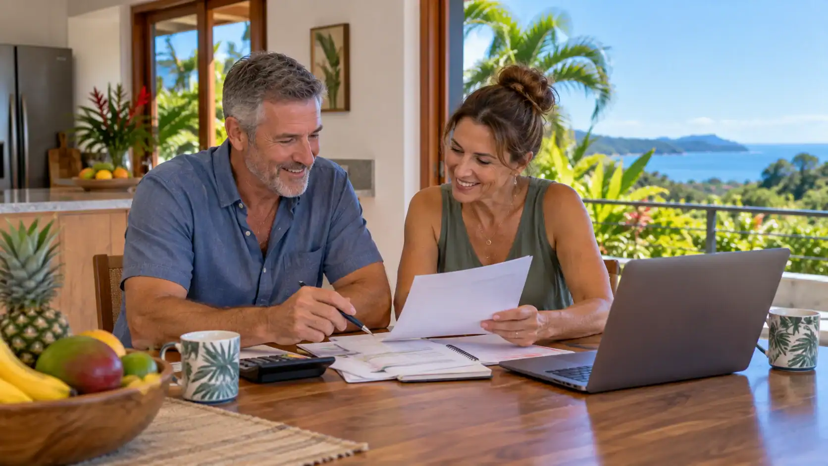 A couple planning a monthly budget at their kitchen table in Costa Rica