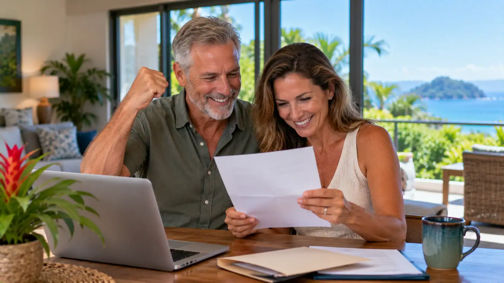 A couple reading an official approval letter at home