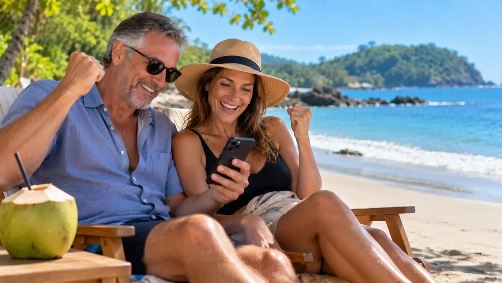 A couple relaxing on a beach after receiving good news on a phone