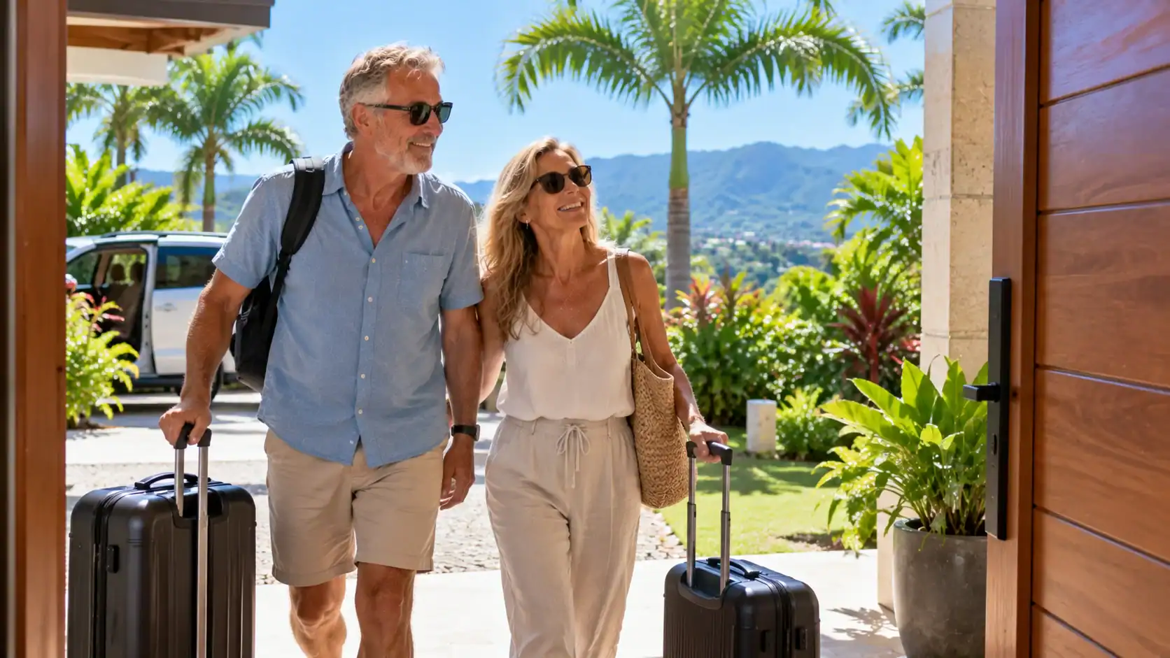 A couple returning from a long trip abroad, arriving at their Costa Rica home