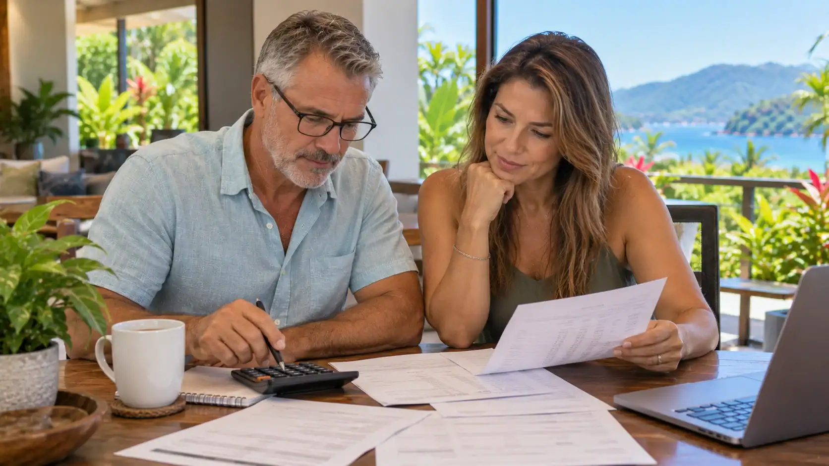 A couple reviewing an itemized invoice with a calculator at a desk