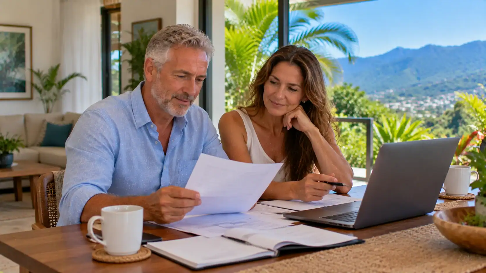 A couple reviewing household tax papers at a dining table with a laptop