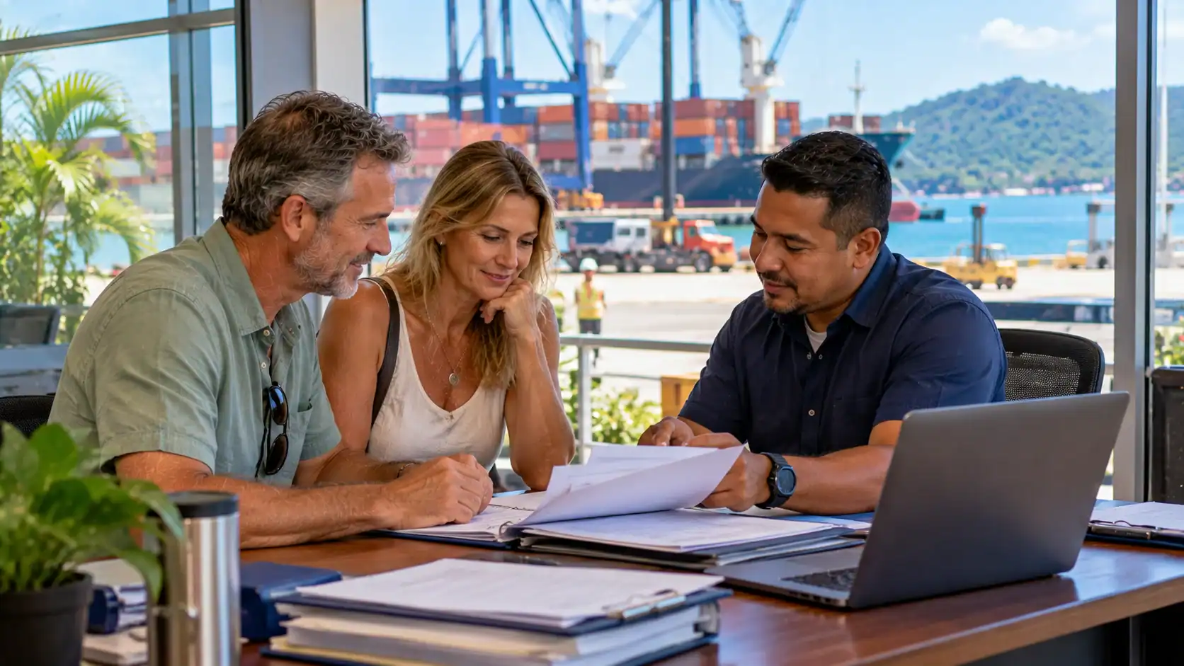A couple reviewing import paperwork with a customs broker in Costa Rica