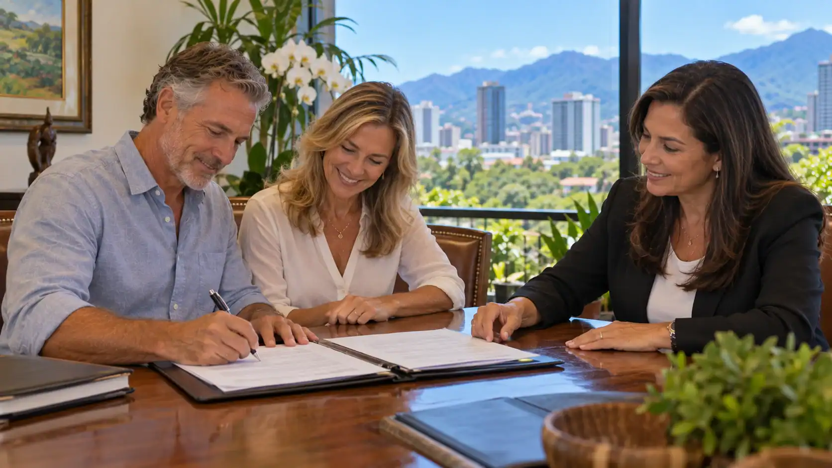 A couple signing a property purchase with a notary at a large table