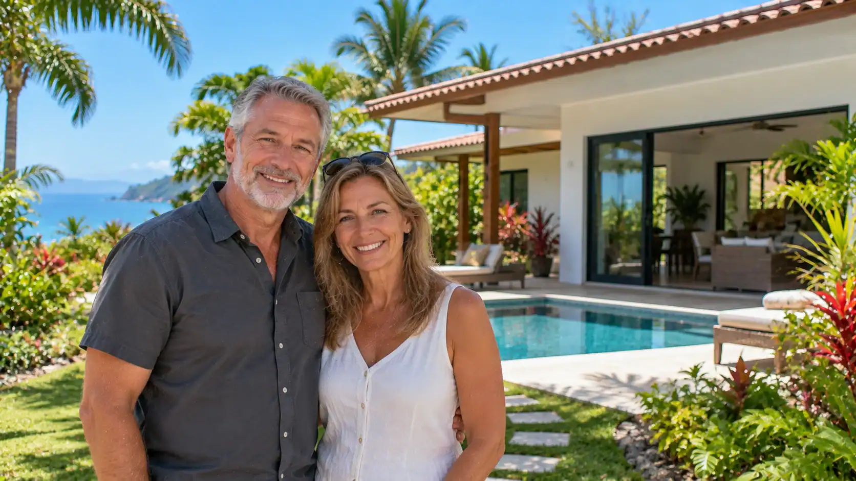 A couple standing in front of a rental house owned by their company in Costa Rica