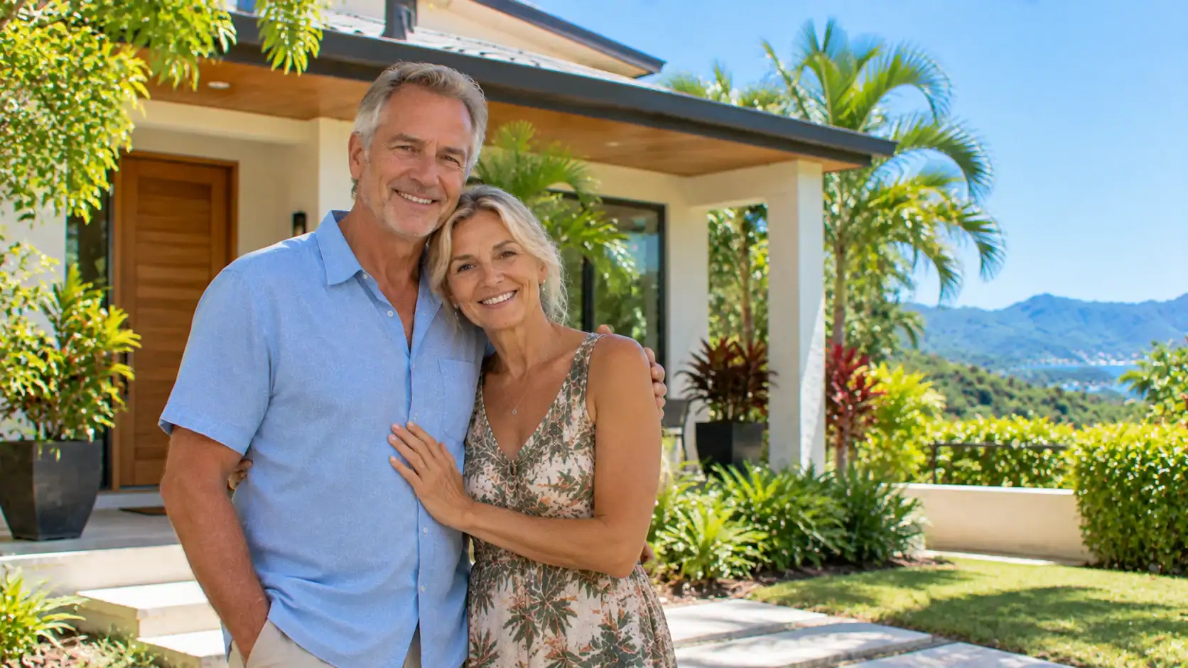 A couple standing in front of their newly bought house in Costa Rica